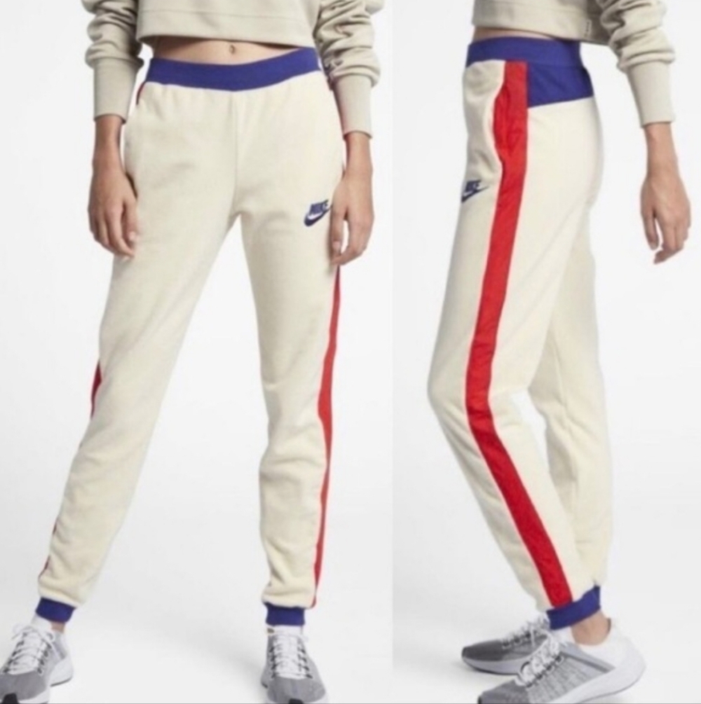 Nike Sportswear Polar Fleece Sweatpants Cream‎ Picante Red Blue Womens Size S
